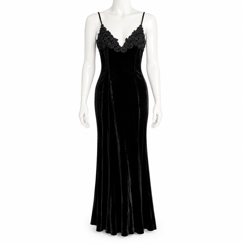 Jessica McClintock Vintage Black Velvet Lace Maxi Gown Dress Women's 4 XS Gothic